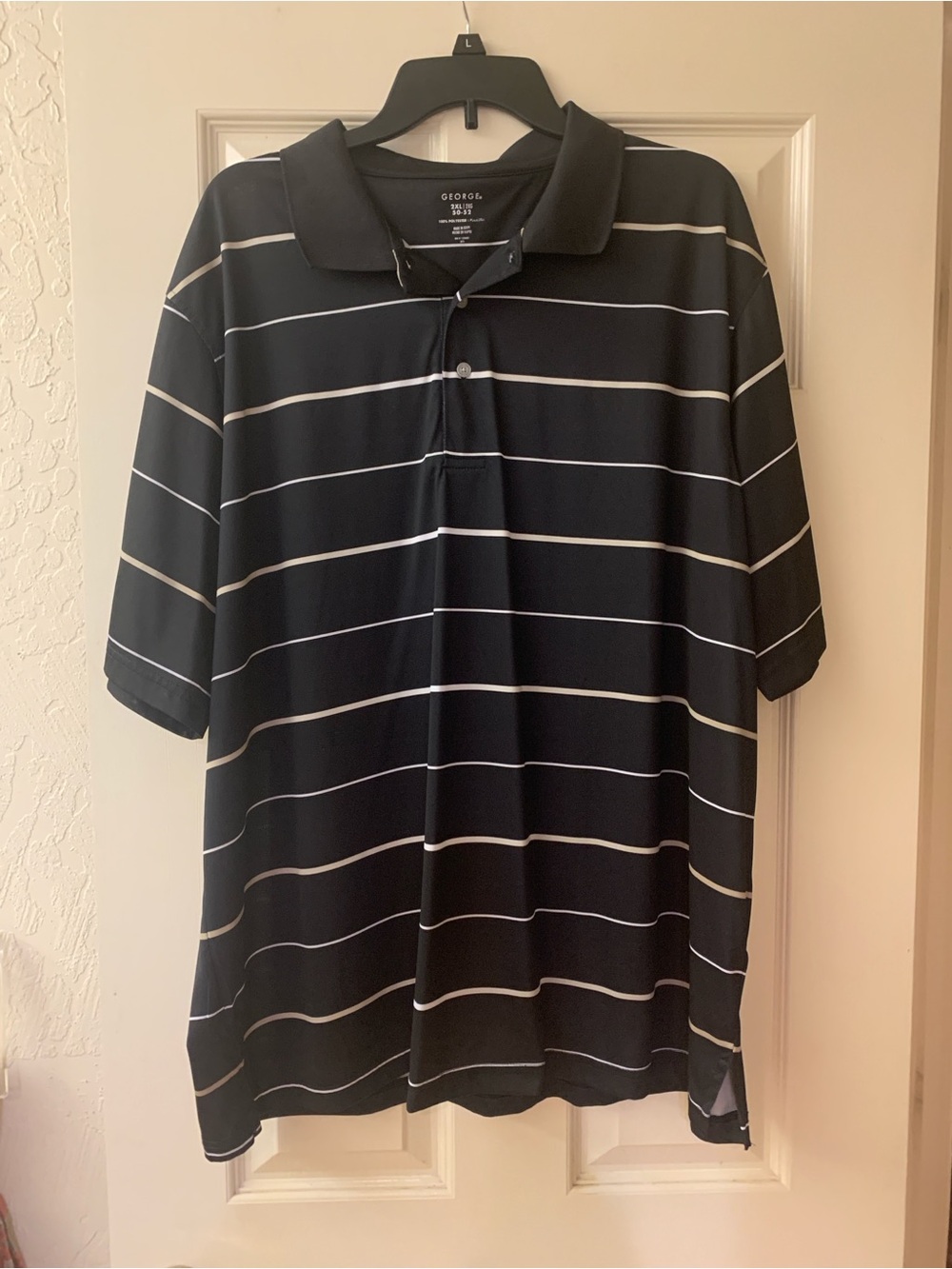 George Black Polo with Thin White & Tan Stripes